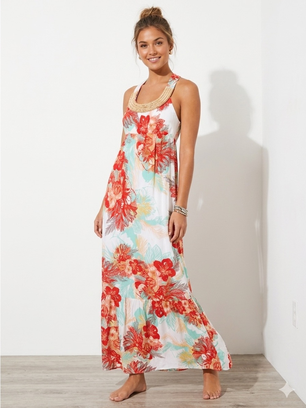 🔥$10 FINAL PRICE🔥 Trixxi Tropical Floral Beaded Neck Sleeveless Maxi Dress🧡